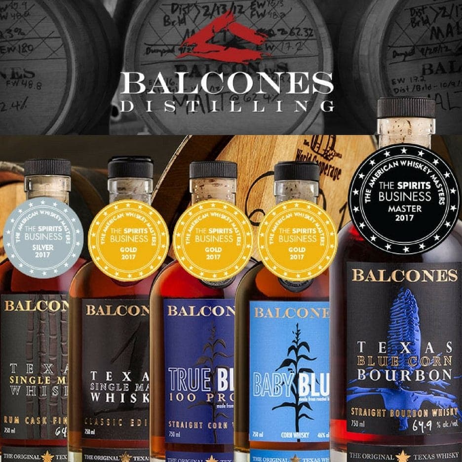 Various Balcones bottles with awards