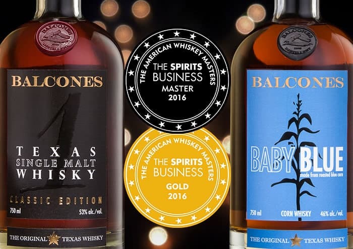 Various Balcones bottles with awards